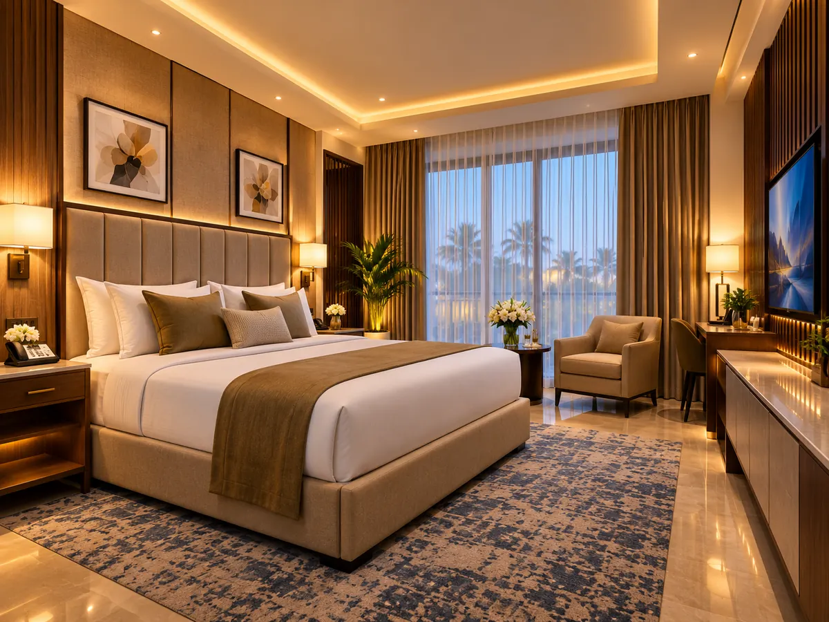Deluxe room concept with upholstered bed, art prints and soft golden lighting