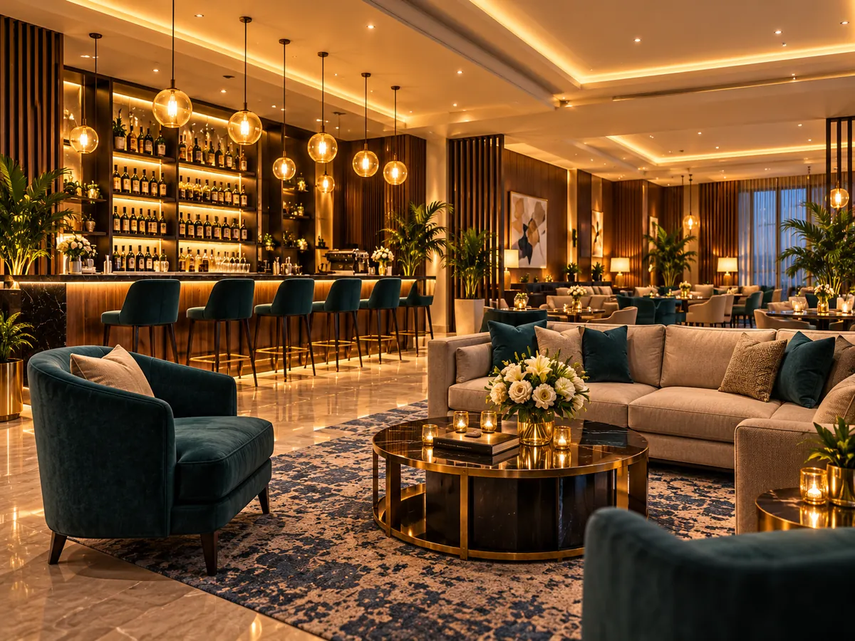 NetimaSuites lounge with elegant seating, plants and bar
