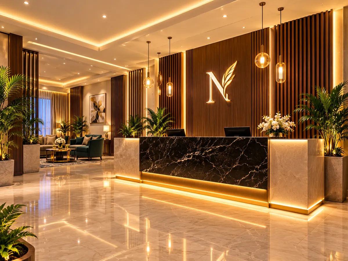 Concept rendering of NetimaSuites reception with illuminated golden details and a dark marble counter