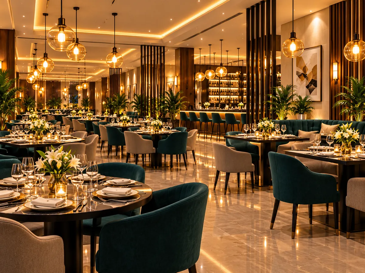 Proposed NetimaSuites restaurant with a warm gold and deep green colour palette